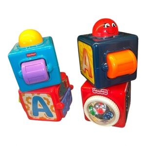 Fisher-Price 4 Bright Beginnings Stacking blocks 2015 and 2002 Mattel 3.5" x 3"